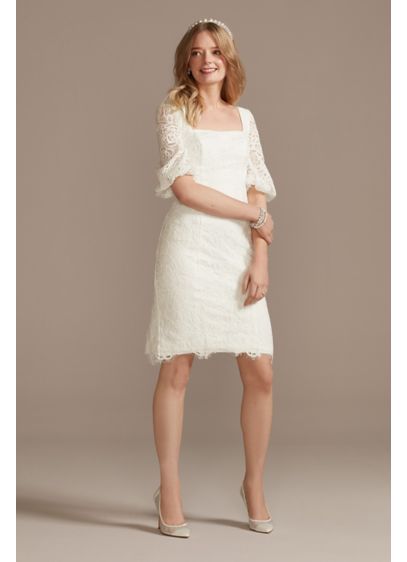 Lace Square Neck Mini Dress with Bubble Sleeves - Step out in style at your next wedding